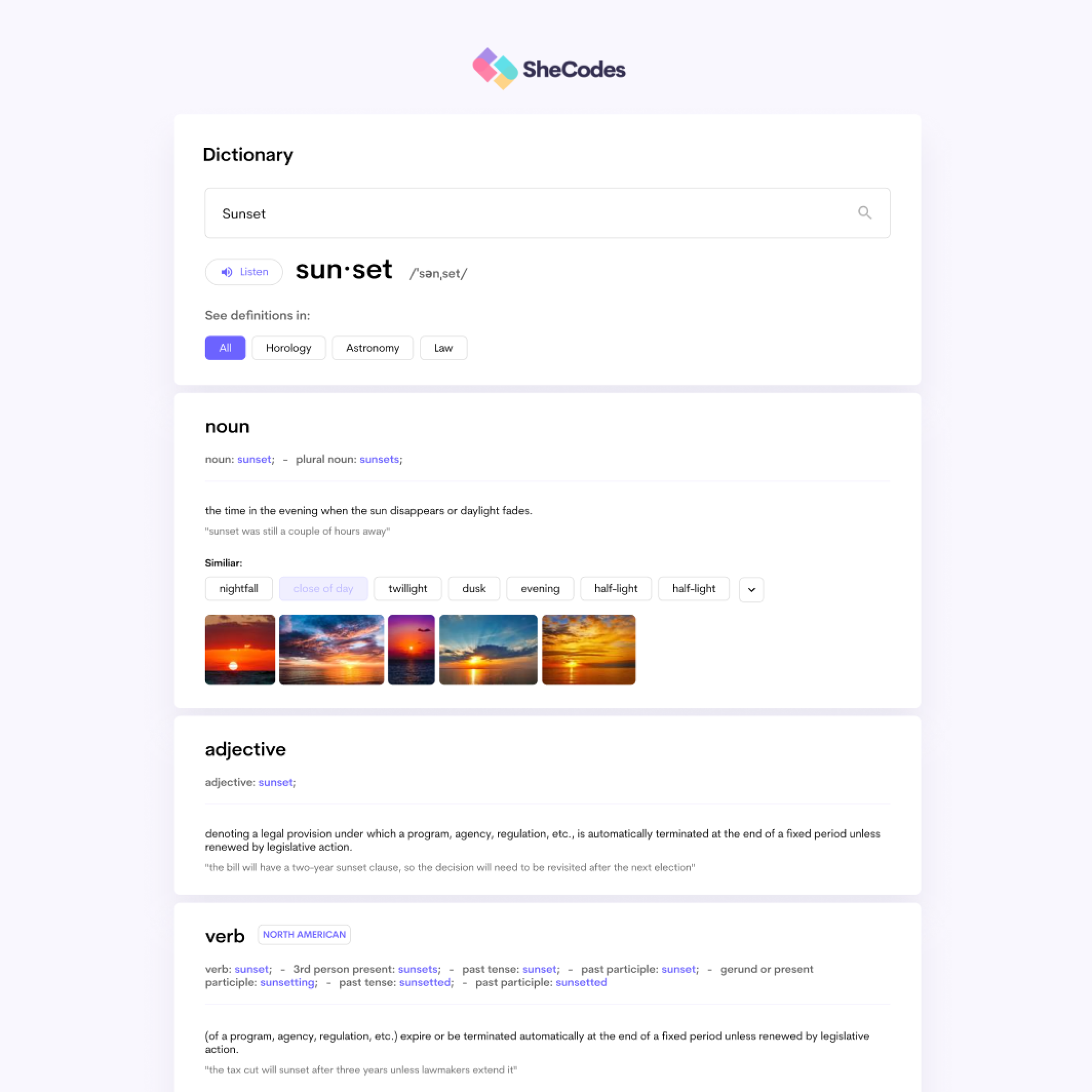Screenshot of React dictionary app developed by Sara