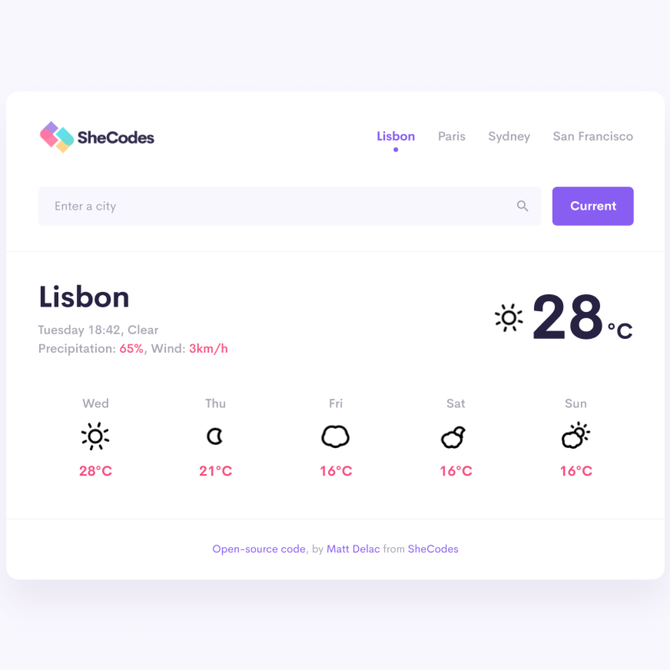 Screenshot of weather application built during SheCodes Plus workshop